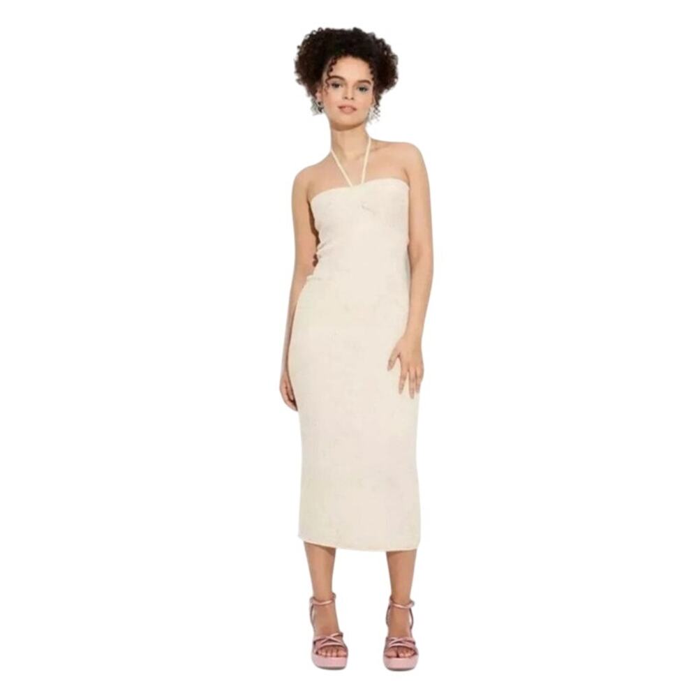 WILD FABLE Off White Tube Midi Sweater Dress Gold Sequin Accents Size XL